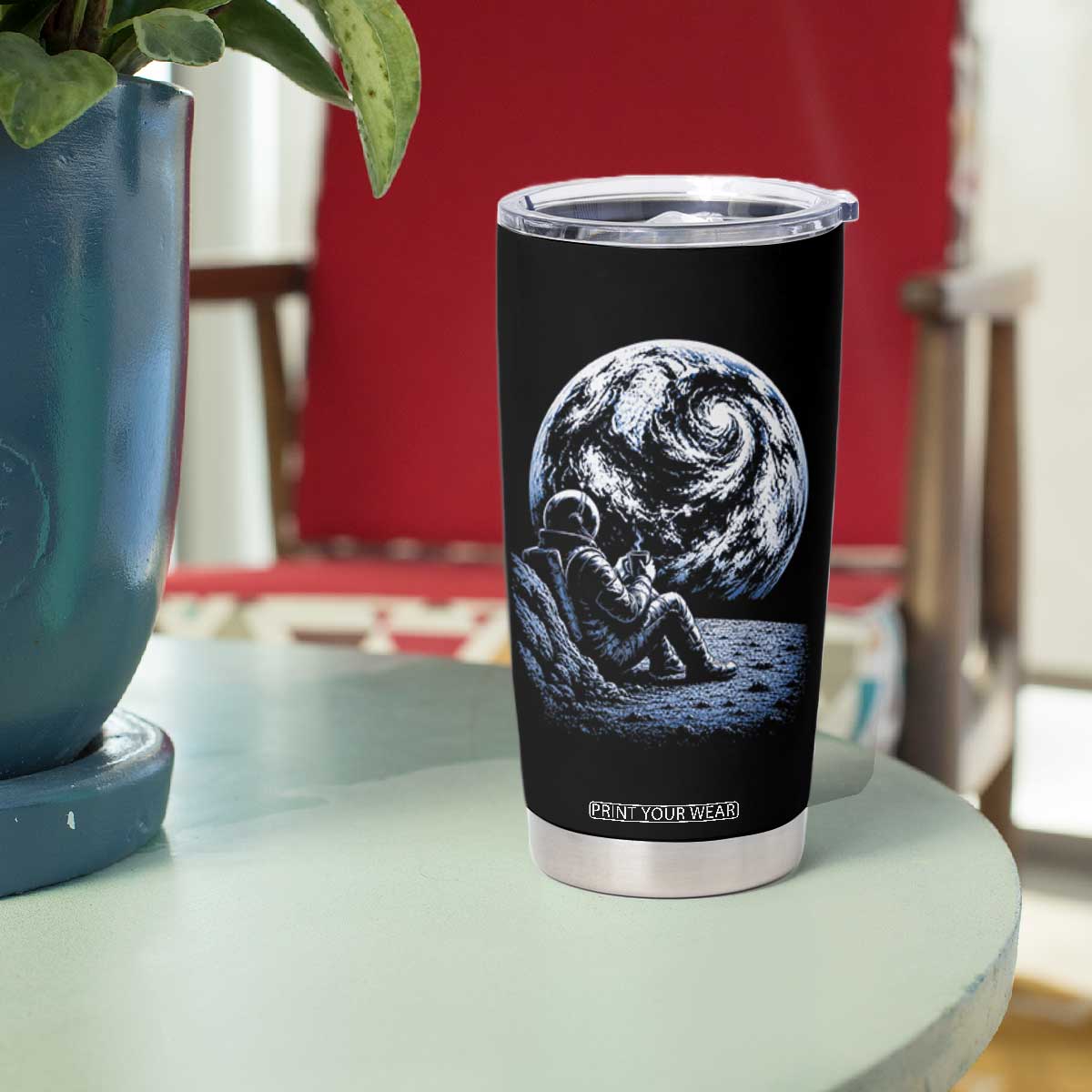 Astronaut Drinking Coffee On The Moon Graphic Tumbler Cup Vintage Sci Fi Earth Horizon Space Explorer TS02 Print Your Wear