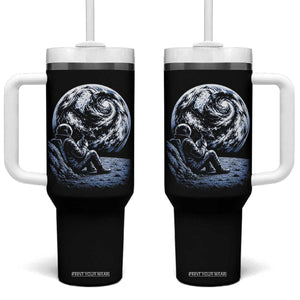Astronaut Drinking Coffee On The Moon Graphic Tumbler With Handle Vintage Sci Fi Earth Horizon Space Explorer TS02 One Size: 40 oz Black Print Your Wear
