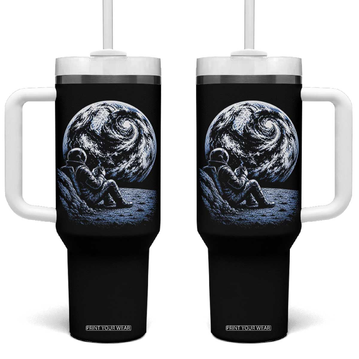 Astronaut Drinking Coffee On The Moon Graphic Tumbler With Handle Vintage Sci Fi Earth Horizon Space Explorer TS02 One Size: 40 oz Black Print Your Wear
