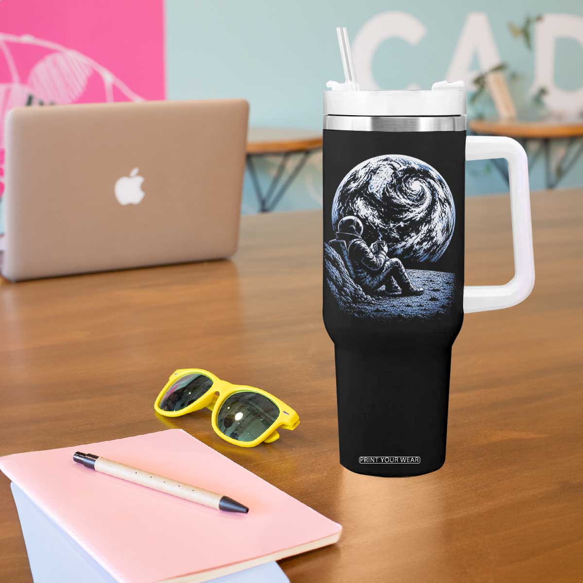 Astronaut Drinking Coffee On The Moon Graphic Tumbler With Handle Vintage Sci Fi Earth Horizon Space Explorer TS02 Print Your Wear
