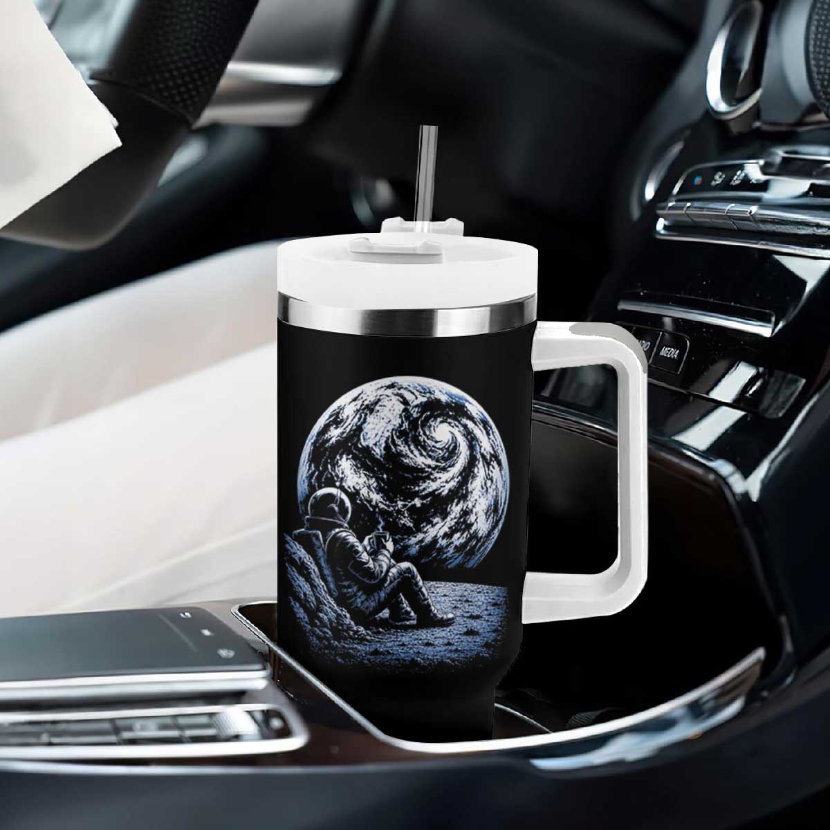 Astronaut Drinking Coffee On The Moon Graphic Tumbler With Handle Vintage Sci Fi Earth Horizon Space Explorer TS02 Print Your Wear