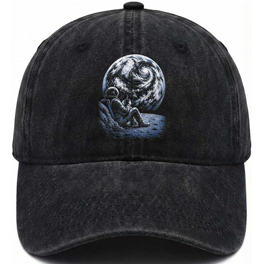 Astronaut Drinking Coffee On The Moon Graphic Washed Cotton Baseball Cap Vintage Sci Fi Earth Horizon Space Explorer TS02 Print Your Wear