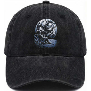 Astronaut Drinking Coffee On The Moon Graphic Washed Cotton Baseball Cap Vintage Sci Fi Earth Horizon Space Explorer TS02 Print Your Wear
