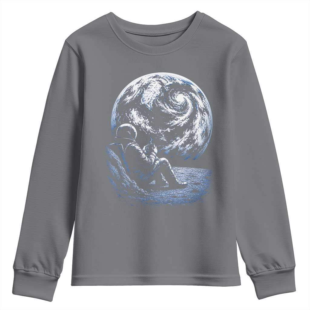 Astronaut Drinking Coffee On The Moon Graphic Youth Sweatshirt Vintage Sci Fi Earth Horizon Space Explorer TS02 Charcoal Print Your Wear