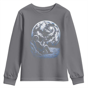 Astronaut Drinking Coffee On The Moon Graphic Youth Sweatshirt Vintage Sci Fi Earth Horizon Space Explorer TS02 Charcoal Print Your Wear
