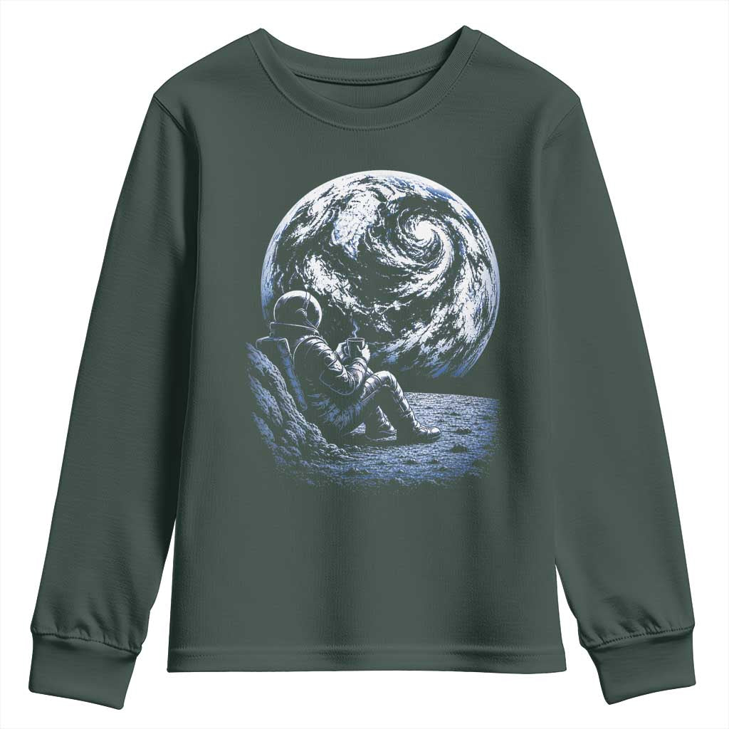Astronaut Drinking Coffee On The Moon Graphic Youth Sweatshirt Vintage Sci Fi Earth Horizon Space Explorer TS02 Dark Forest Green Print Your Wear