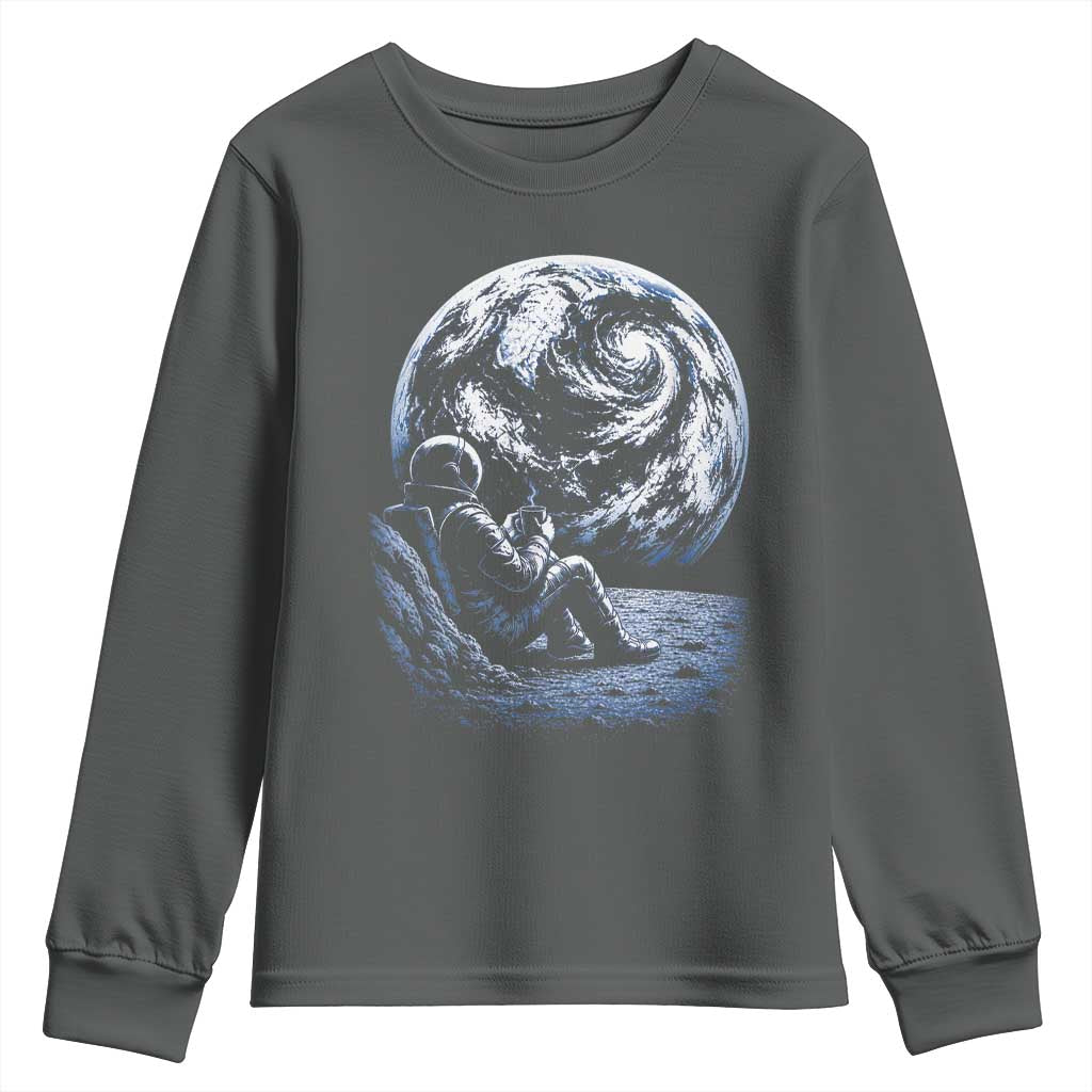 Astronaut Drinking Coffee On The Moon Graphic Youth Sweatshirt Vintage Sci Fi Earth Horizon Space Explorer TS02 Dark Heather Print Your Wear