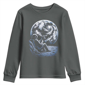 Astronaut Drinking Coffee On The Moon Graphic Youth Sweatshirt Vintage Sci Fi Earth Horizon Space Explorer TS02 Dark Heather Print Your Wear