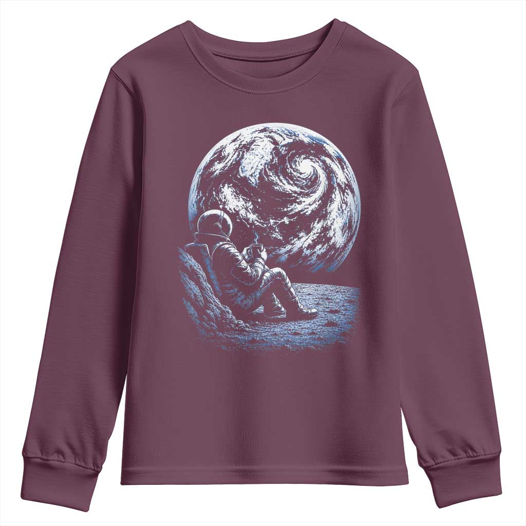 Astronaut Drinking Coffee On The Moon Graphic Youth Sweatshirt Vintage Sci Fi Earth Horizon Space Explorer TS02 Maroon Print Your Wear