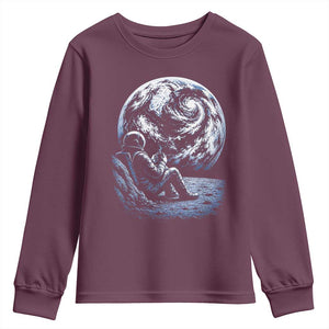 Astronaut Drinking Coffee On The Moon Graphic Youth Sweatshirt Vintage Sci Fi Earth Horizon Space Explorer TS02 Maroon Print Your Wear