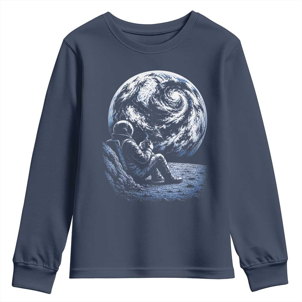 Astronaut Drinking Coffee On The Moon Graphic Youth Sweatshirt Vintage Sci Fi Earth Horizon Space Explorer TS02 Navy Print Your Wear