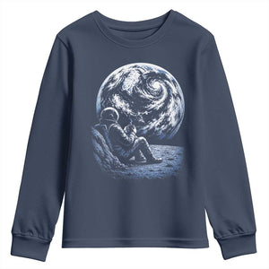 Astronaut Drinking Coffee On The Moon Graphic Youth Sweatshirt Vintage Sci Fi Earth Horizon Space Explorer TS02 Navy Print Your Wear