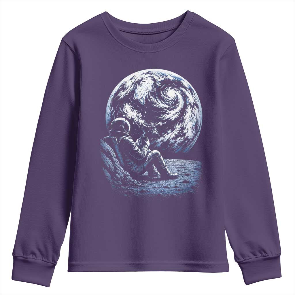 Astronaut Drinking Coffee On The Moon Graphic Youth Sweatshirt Vintage Sci Fi Earth Horizon Space Explorer TS02 Purple Print Your Wear