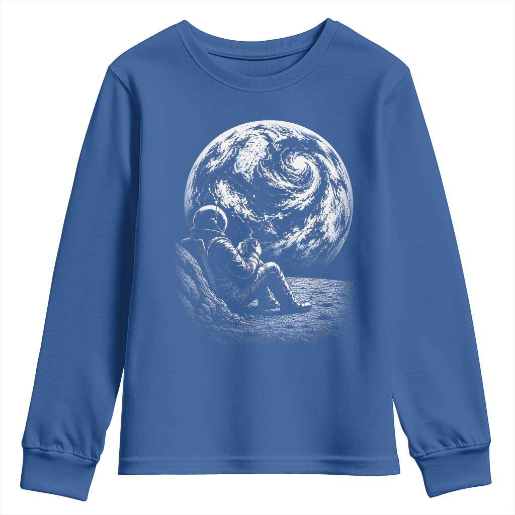 Astronaut Drinking Coffee On The Moon Graphic Youth Sweatshirt Vintage Sci Fi Earth Horizon Space Explorer TS02 Royal Blue Print Your Wear