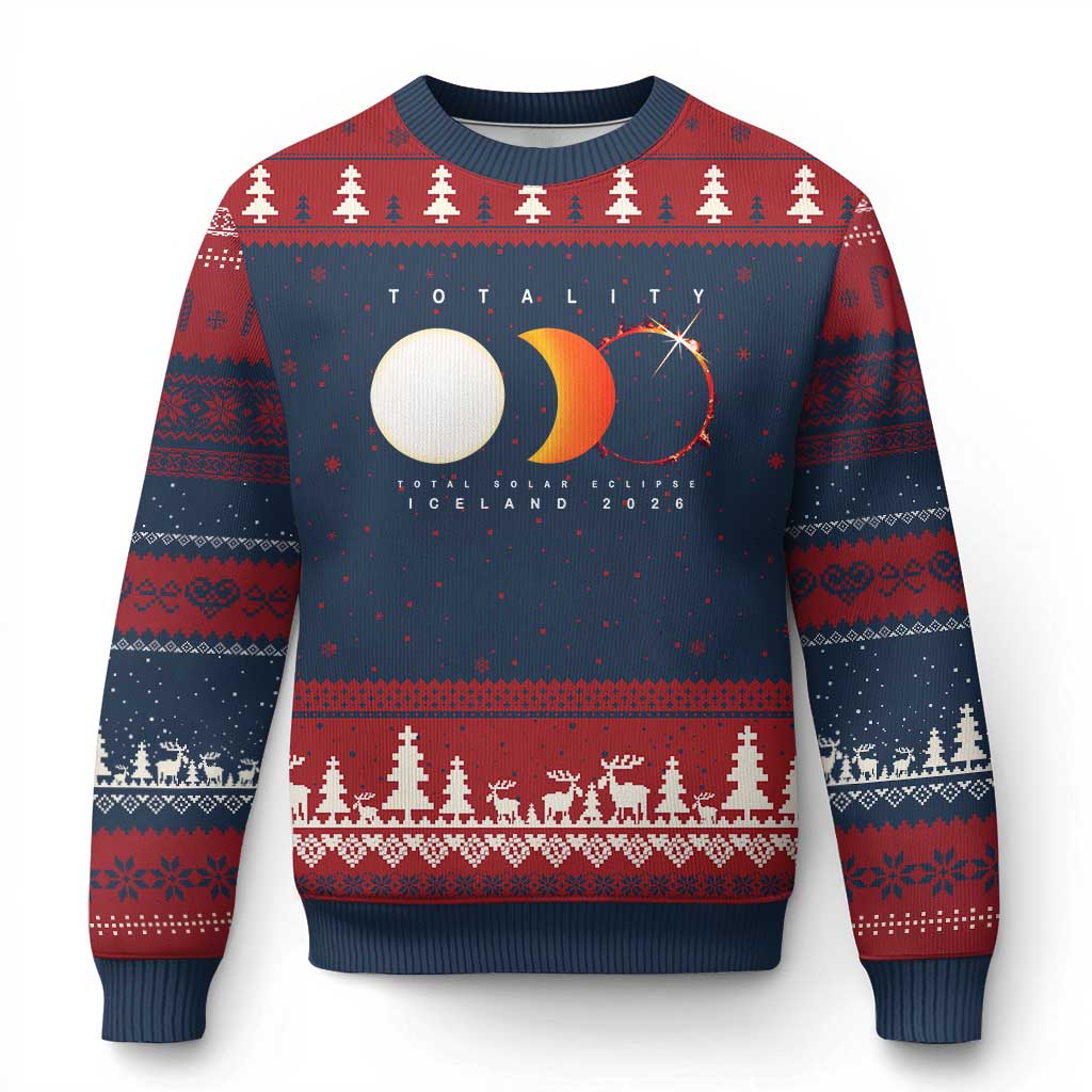 Iceland Total Solar Eclipse 2026 Totality Ugly Christmas Sweater Travel Souvenir Astronomy Geek Gift TS02 Navy Red Print Your Wear
