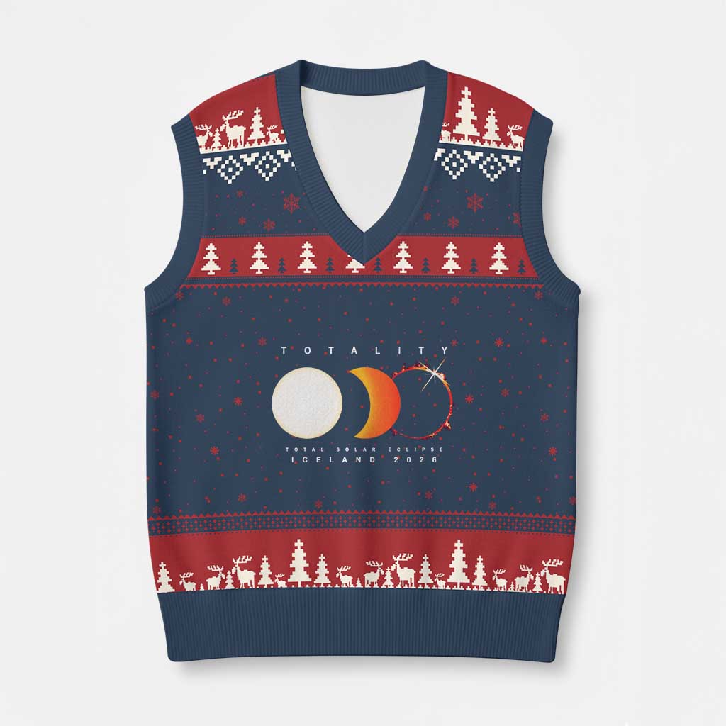 Iceland Total Solar Eclipse 2026 Totality V-Neck Knit Sweater Vest Travel Souvenir Astronomy Geek Gift TS02 Navy Red Print Your Wear