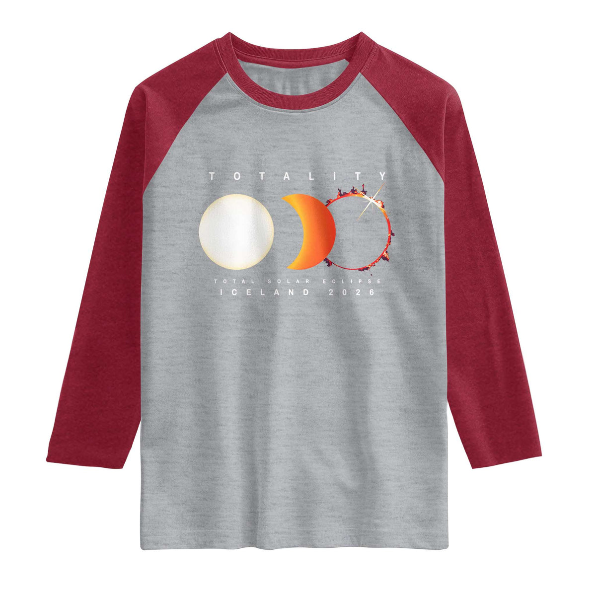 Iceland Total Solar Eclipse 2026 Totality Raglan Shirt Travel Souvenir Astronomy Geek Gift TS02 Heather Gray Heather Red Print Your Wear