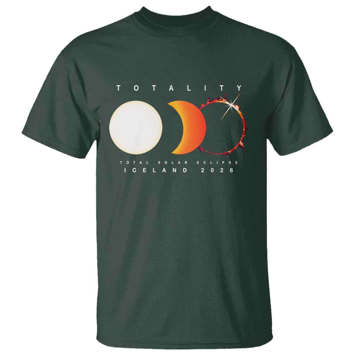 Iceland Total Solar Eclipse 2026 Totality T Shirt Travel Souvenir Astronomy Geek Gift TS02 Dark Forest Green Print Your Wear