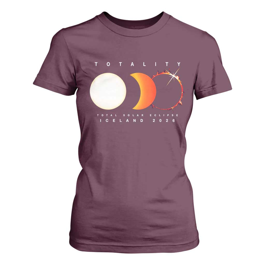 Iceland Total Solar Eclipse 2026 Totality T Shirt For Women Travel Souvenir Astronomy Geek Gift TS02 Maroon Print Your Wear