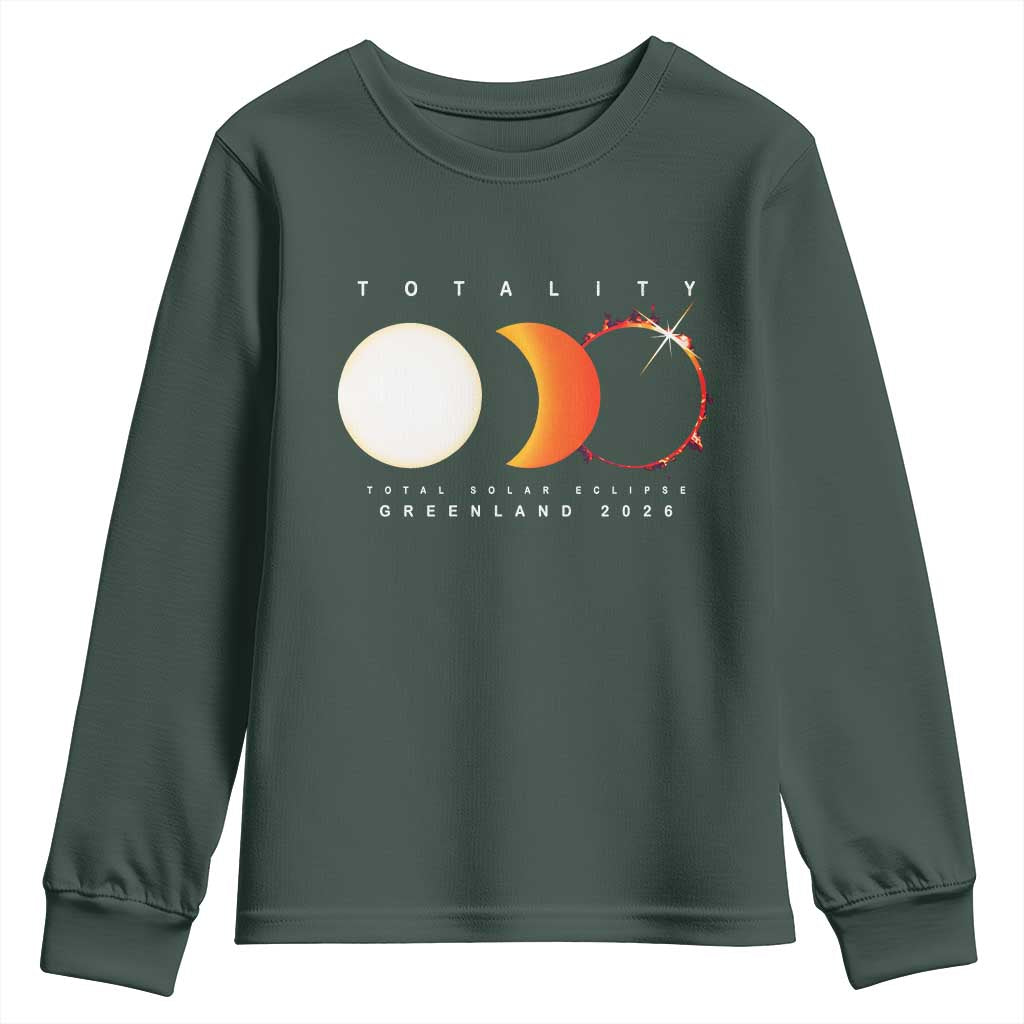 Greenland Total Solar Eclipse 2026 Totality Youth Sweatshirt Travel Souvenir Astronomy Geek Gift TS02 Dark Forest Green Print Your Wear