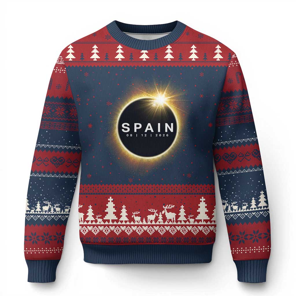 Spain Total Solar Eclipse 2026 Ugly Christmas Sweater Path of Totality Astronomy Gift TS02 Navy Red Print Your Wear