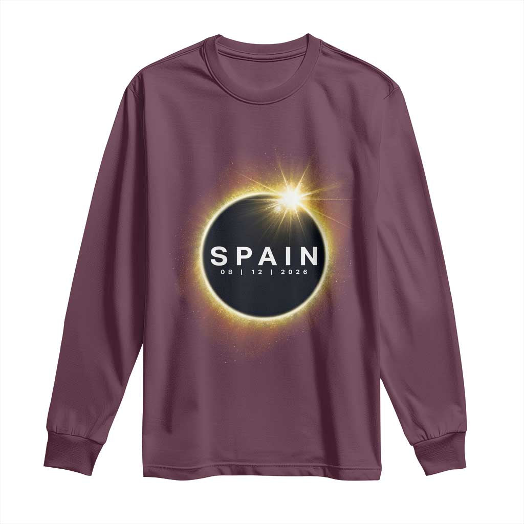 Spain Total Solar Eclipse 2026 Long Sleeve Shirt Path of Totality Astronomy Gift TS02 Maroon Print Your Wear