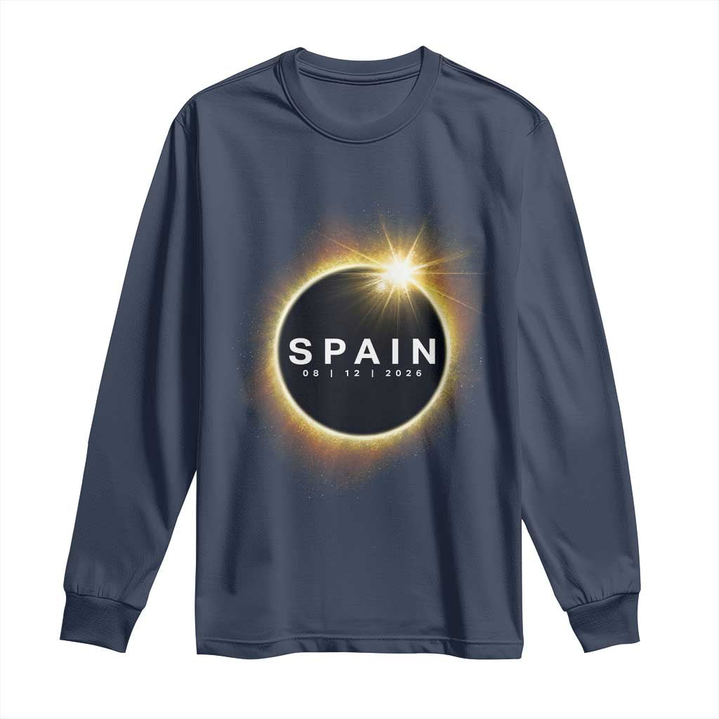 Spain Total Solar Eclipse 2026 Long Sleeve Shirt Path of Totality Astronomy Gift TS02 Navy Print Your Wear