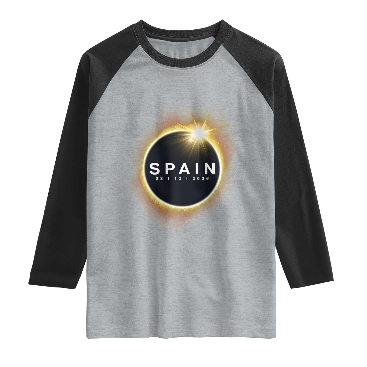 Spain Total Solar Eclipse 2026 Raglan Shirt Path of Totality Astronomy Gift TS02 Heather Gray Black Print Your Wear