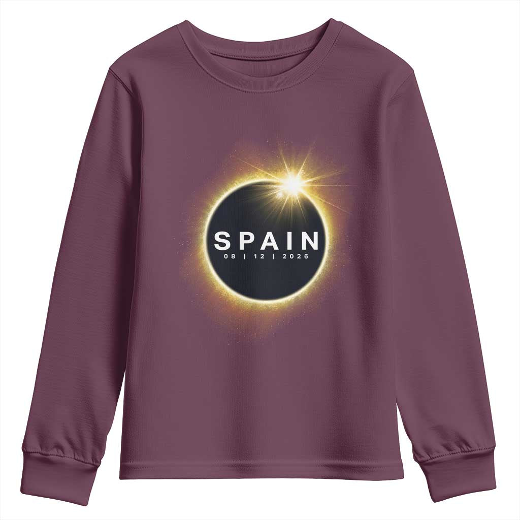 Spain Total Solar Eclipse 2026 Youth Sweatshirt Path of Totality Astronomy Gift TS02 Maroon Print Your Wear