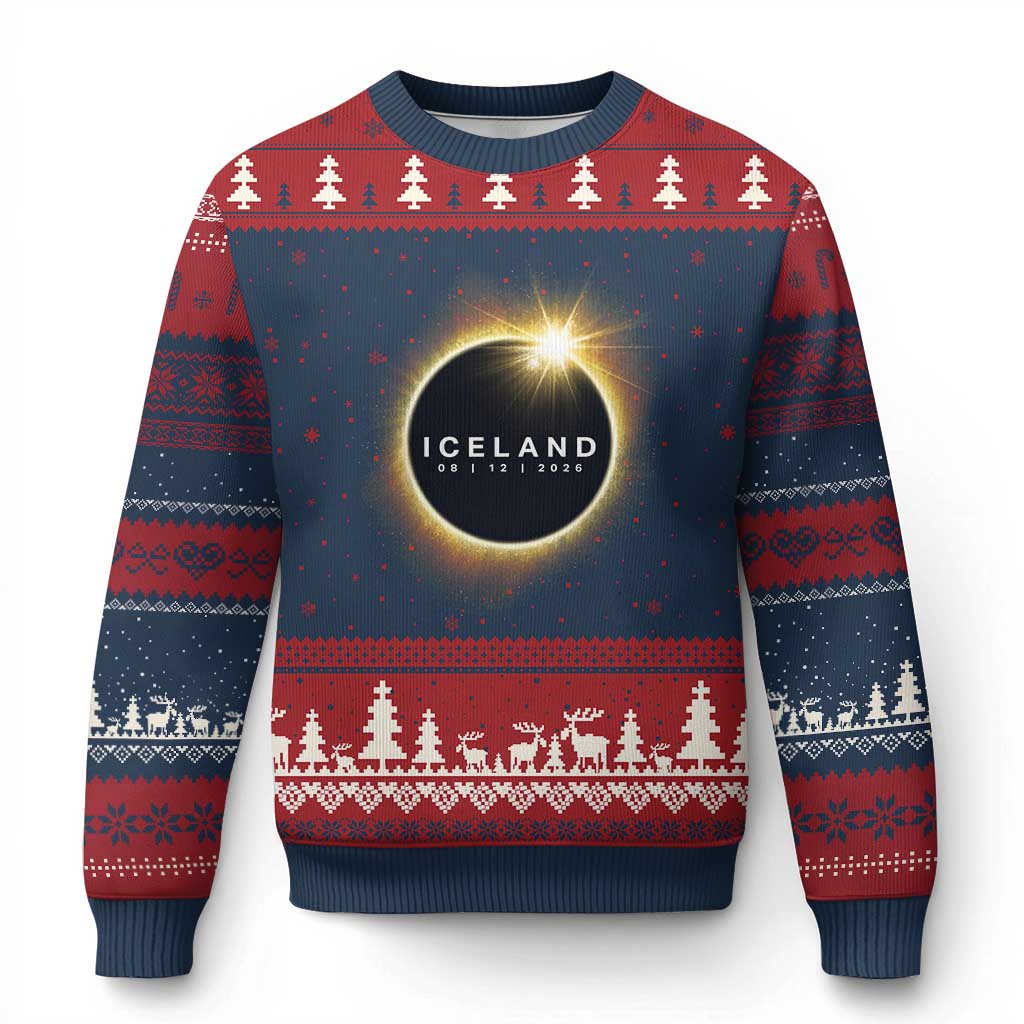 Iceland Total Solar Eclipse 2026 Ugly Christmas Sweater Path of Totality Astronomy Gift TS02 Navy Red Print Your Wear