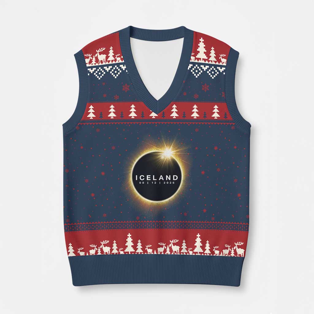 Iceland Total Solar Eclipse 2026 V-Neck Knit Sweater Vest Path of Totality Astronomy Gift TS02 Navy Red Print Your Wear