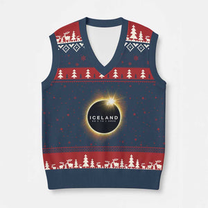 Iceland Total Solar Eclipse 2026 V-Neck Knit Sweater Vest Path of Totality Astronomy Gift TS02 Navy Red Print Your Wear