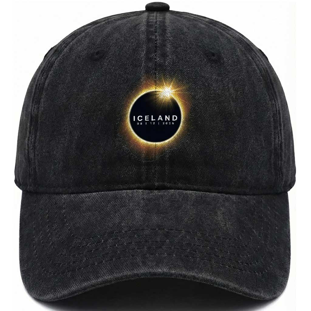 Iceland Total Solar Eclipse 2026 Washed Cotton Baseball Cap Path of Totality Astronomy Gift TS02 Print Your Wear