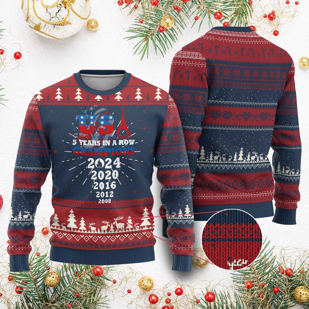 USA American Flag Basketball Ugly Christmas Sweater 5 Years In A Row Champions 2024 TS02 Burgundy Print Your Wear