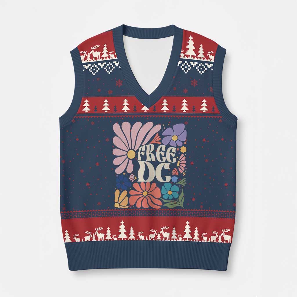 Free DC Subtle Groovy Floral V-Neck Knit Sweater Vest Washington D.C. Rights Retro Hippie Style TS02 Navy Red Print Your Wear