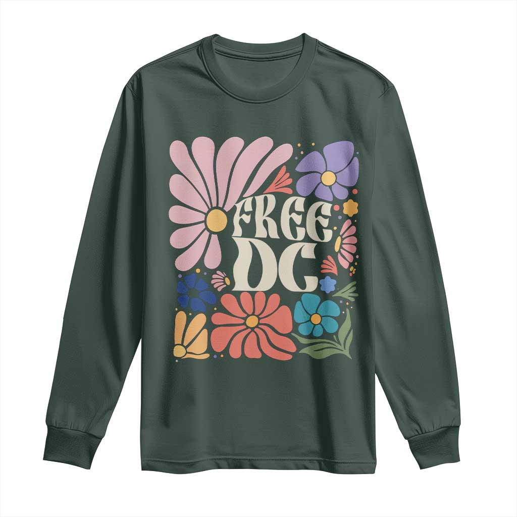 Free DC Subtle Groovy Floral Long Sleeve Shirt Washington D.C. Rights Retro Hippie Style TS02 Dark Forest Green Print Your Wear