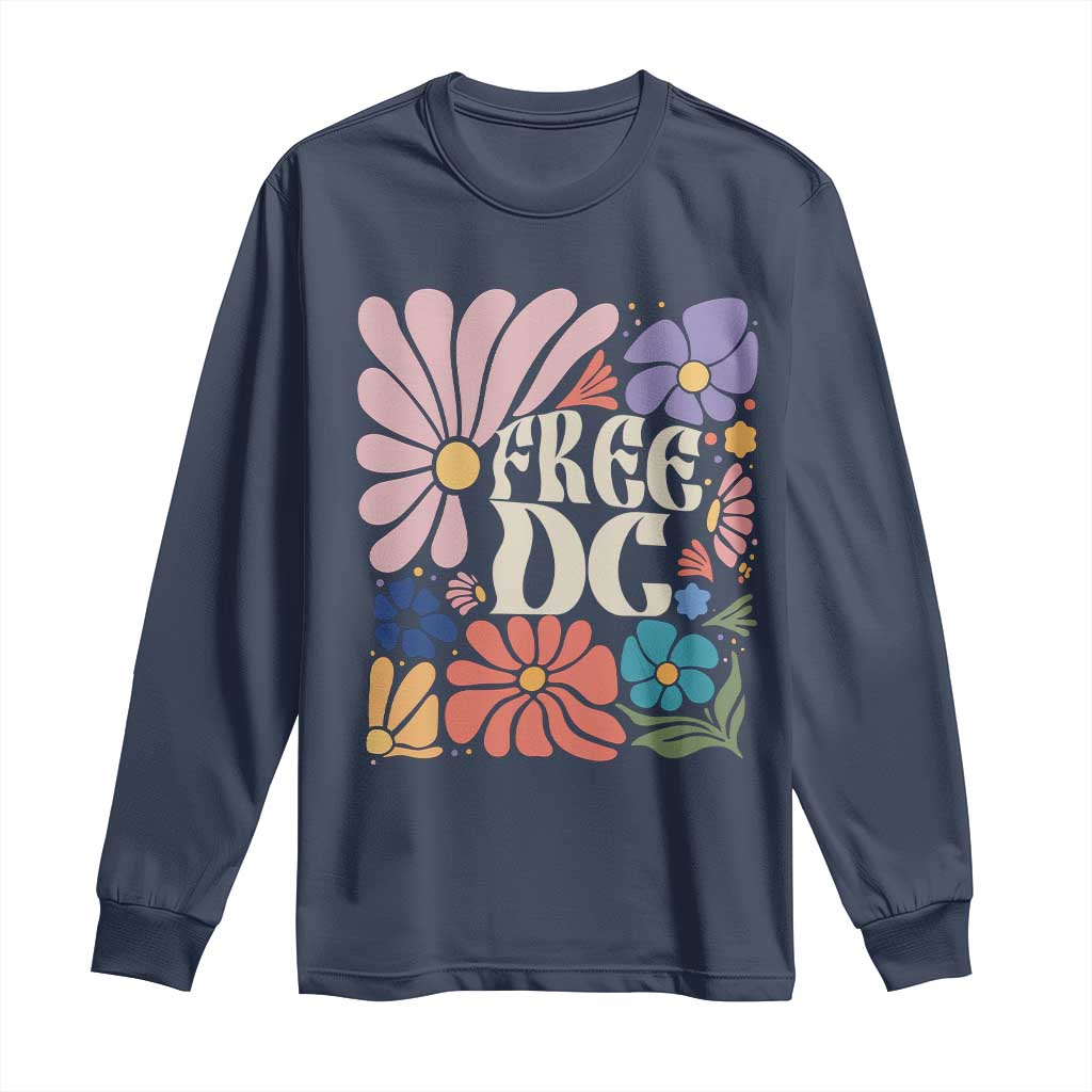 Free DC Subtle Groovy Floral Long Sleeve Shirt Washington D.C. Rights Retro Hippie Style TS02 Navy Print Your Wear