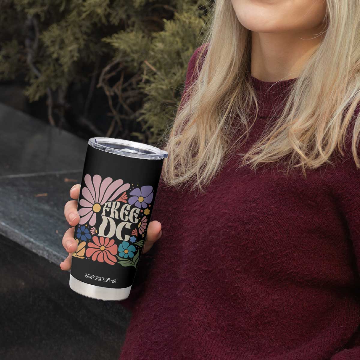 Free DC Subtle Groovy Floral Tumbler Cup Washington D.C. Rights Retro Hippie Style TS02 Print Your Wear