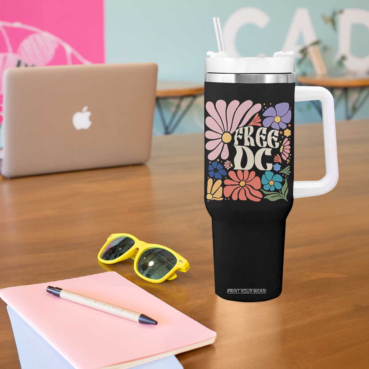 Free DC Subtle Groovy Floral Tumbler With Handle Washington D.C. Rights Retro Hippie Style TS02 Print Your Wear