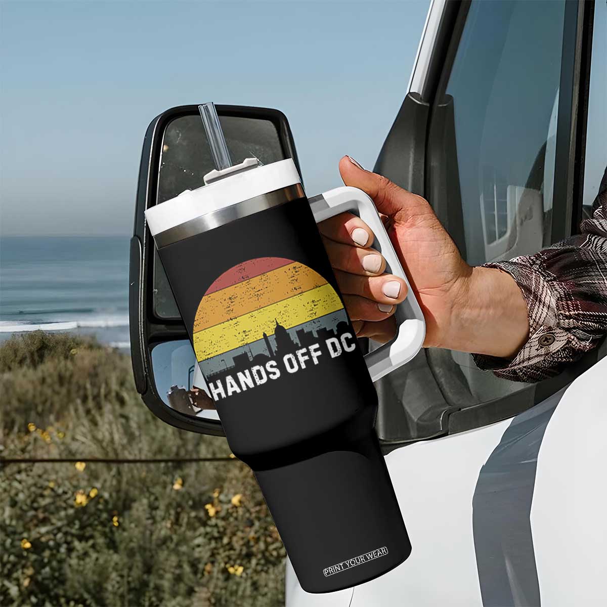 Hands Off DC Tumbler With Handle Retro Washington D.C. Skyline TS02 Print Your Wear