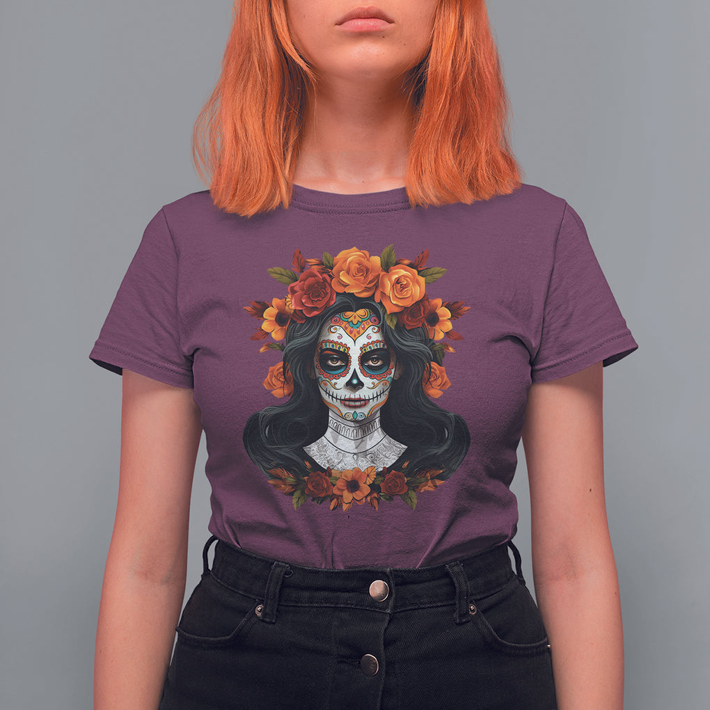 Day of the Dead Women T Shirt For Women De Los Muertos Calavera La Catrina Sugar Skull Women TS02 Maroon Printyourwear