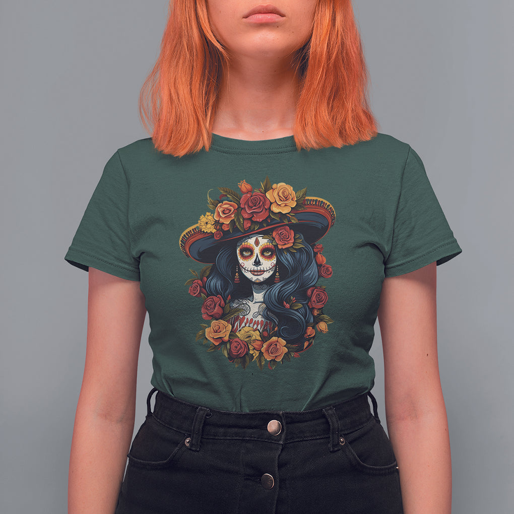 Day of the Dead Women T Shirt For Women La Catrina De Los Muertos Calavera Sugar Skull Women TS02 Dark Forest Green Printyourwear