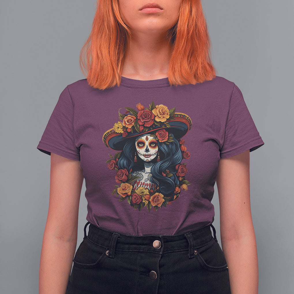 Day of the Dead Women T Shirt For Women La Catrina De Los Muertos Calavera Sugar Skull Women TS02 Maroon Printyourwear