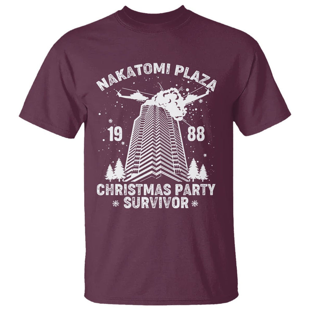 Nakatomi Plaza T Shirt Christmas Party 1988 Survivor TS02 Maroon Printyourwear