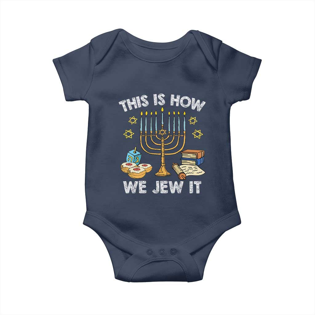 Funny Jewish Hanukkah Baby Onesie This How We Jew It Menorah Chanukah TS02 Navy Print Your Wear