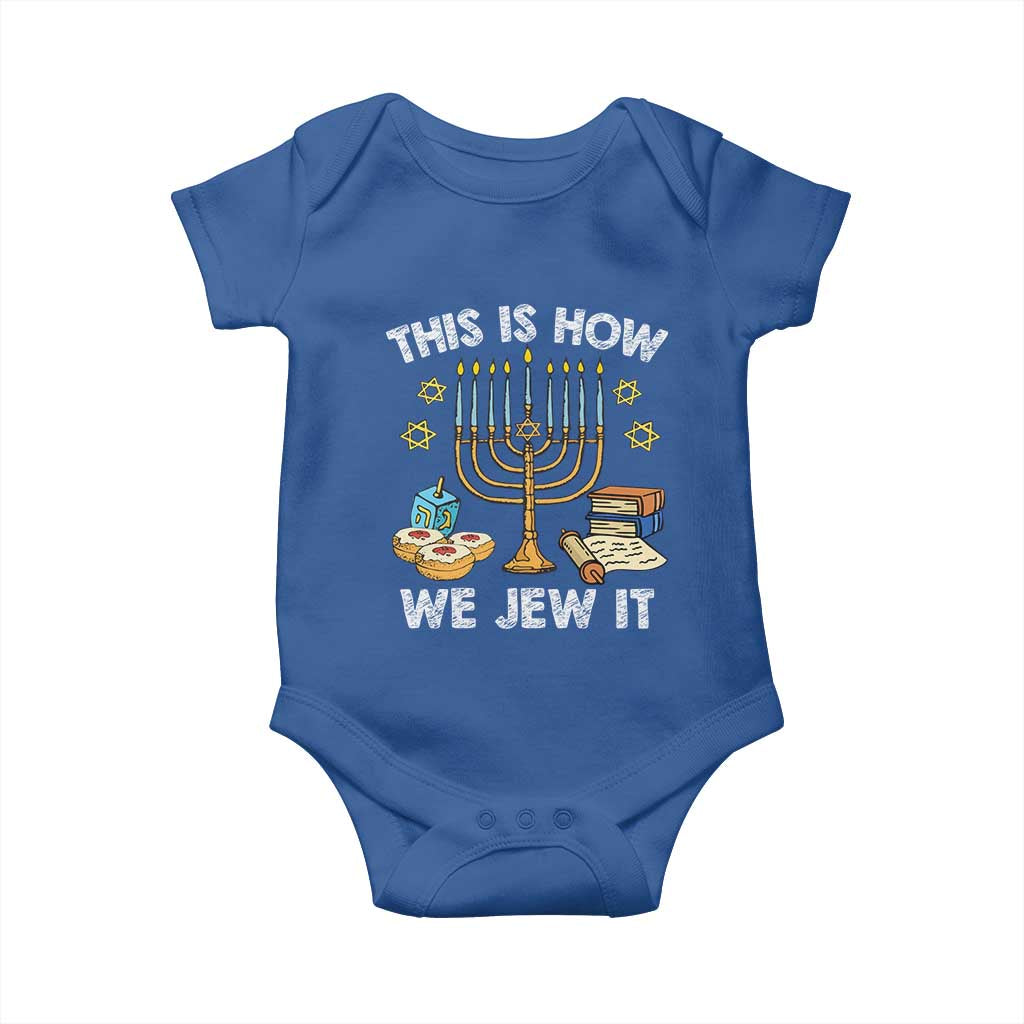Funny Jewish Hanukkah Baby Onesie This How We Jew It Menorah Chanukah TS02 Royal Blue Print Your Wear