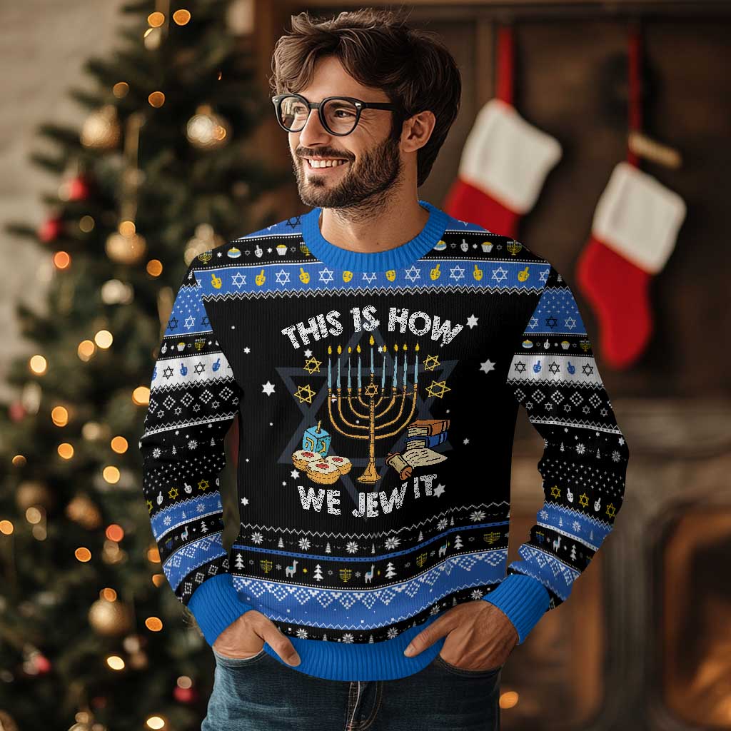 Funny Jewish Hanukkah Ugly Sweater This How We Jew It Menorah Chanukah TS02 Black Blue Print Your Wear
