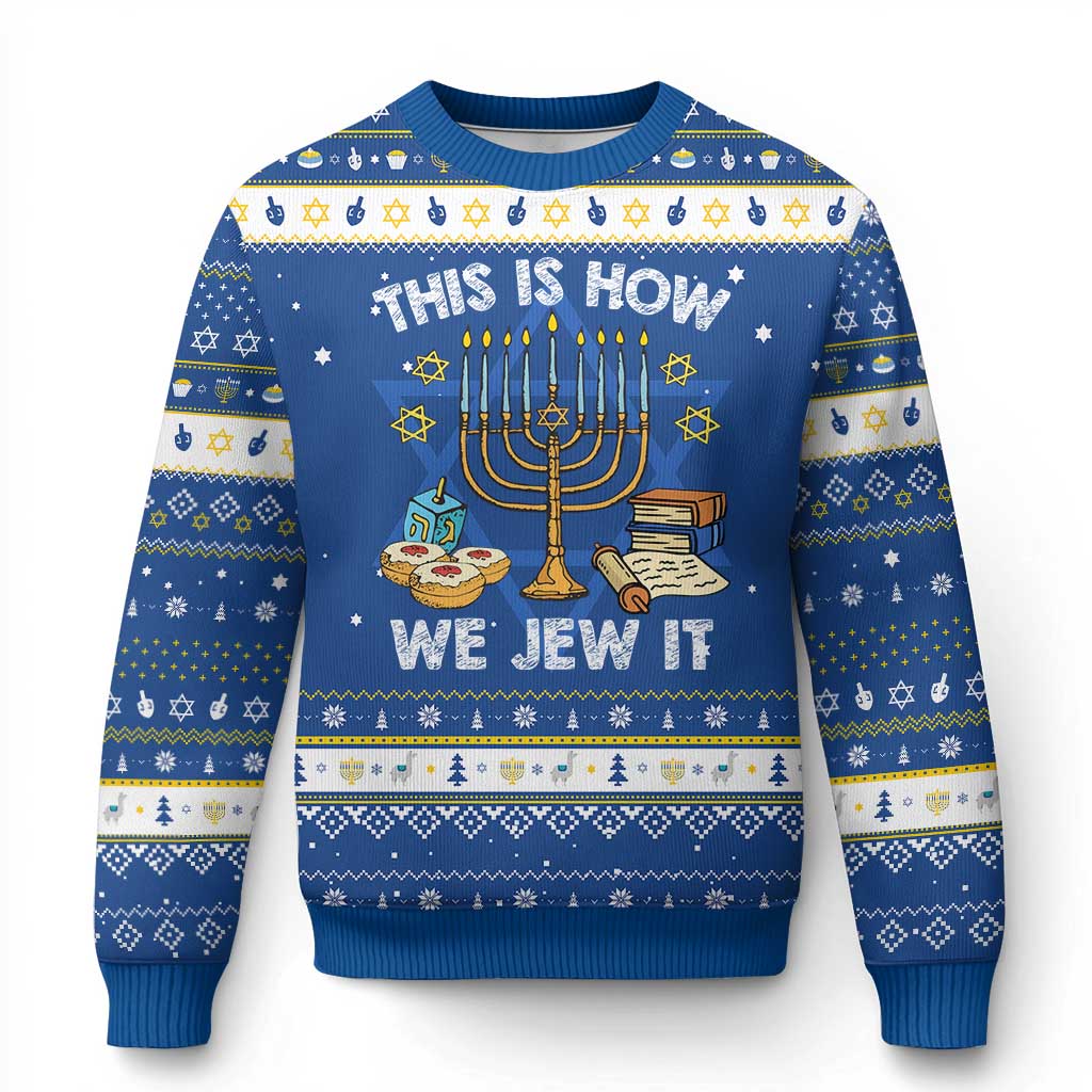 Funny Jewish Hanukkah Ugly Sweater This How We Jew It Menorah Chanukah TS02 Blue White Print Your Wear