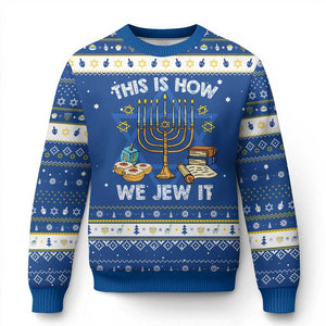 Funny Jewish Hanukkah Ugly Sweater This How We Jew It Menorah Chanukah TS02 Blue White Print Your Wear