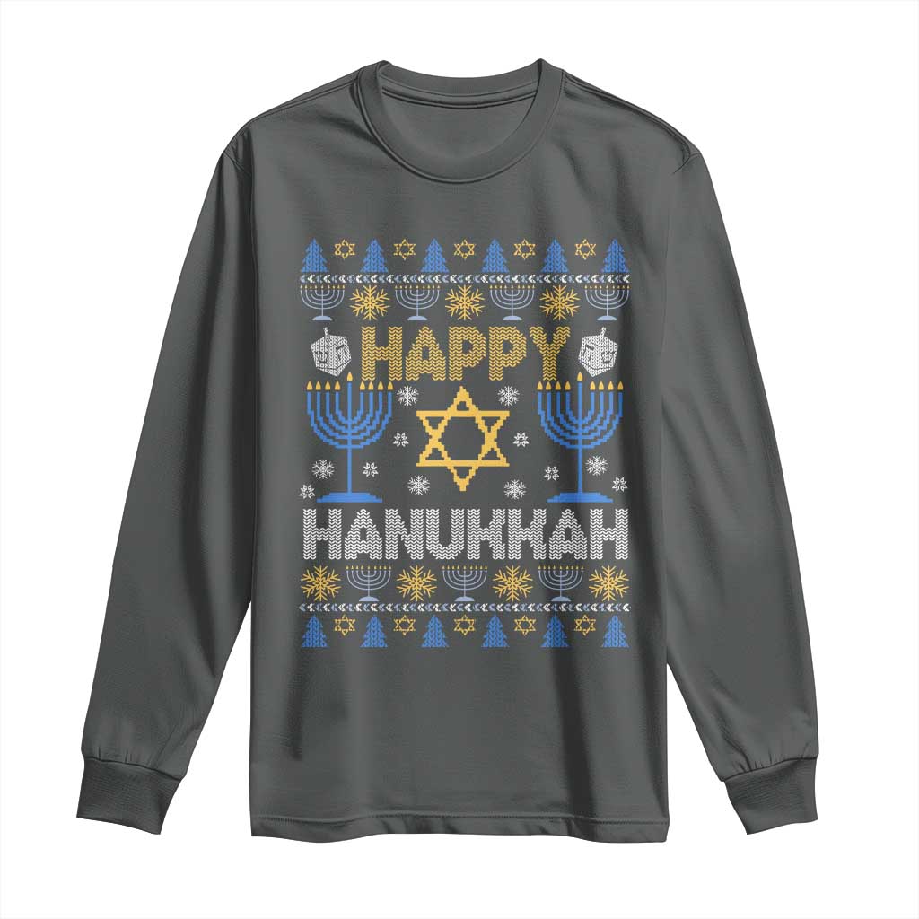 Happy Hanukkah Long Sleeve Shirt Jewish Festival of Lights Hanukkiah Menorah Ugly Chanukah TS02 Dark Heather Print Your Wear